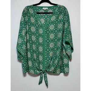 Max Studio Kelly Green Boho Paisley Tie-Front‎ Blouse Size 3X Retro Soft Girl